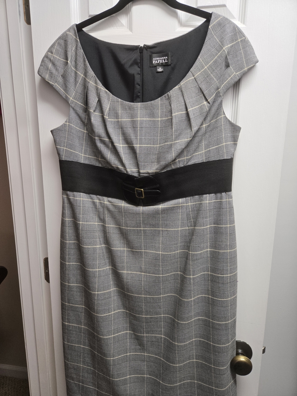 Adrianna Papell Gray Plaid Midi Dress with Black Belt